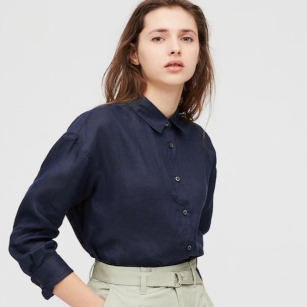 Uniqlo Premium Linen Long Sleeve Shirt Navy
